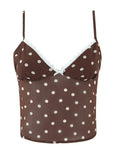 Casual Coffee Polka Dot Two Piece Set for Women Lace Trim Cami Sheer Mesh Ruffled Midi Skirt Set for Vintage Dates