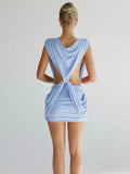 Sexy Cross Ruched Dress Women Deep V-Neck Sleeveless Backless Hollow Patchwork Peach Hip Stretch Slim Party Bodycon