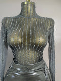 Women Sparkly Rhinestone Birthday Evening Party Nightclub Team Stage Show Costume Sexy Mesh See Through Long Sleeves Mini Dress