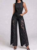 SHENGPALAE Women Sleeveless Round Neck Jumpsuit Lace Hollow Out Spliced Wide Leg Denim Elegant One Piece Outfit Autumn 2026 New