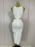 Women Celebrate Evening Prom Birthday Party Dress Vestido Elegance White Metal Buckle O Neck Sleeveless Bodycon Bandage Dress