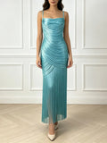Glam Shiny Spaghetti Strap Cowl Neck Ruched Wrap Maxi Dress for Women High Split Overlay Fringe Hem Club Party Evening Wear