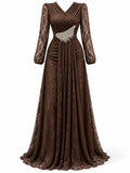 Fashion V Neck Lace Long Puff Sleeve Floor Length Dress for Women Ruched Waist Rhinestone Decoration for Banquet Gala Event