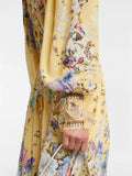 Yellow Floral Print Puff Sleeve Maxi Dress for Women Deep V Neck High Waist Asymmetrical Ruffle Hem Skirt for Garden Parties
