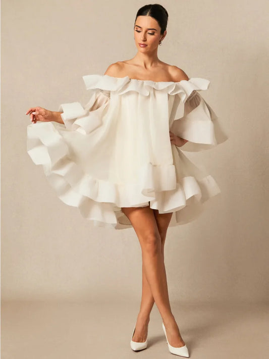 Women's Spring Summer Off Shoulder Tiered Ruffle Flared Mini Dress Sweet Prom Party Wear 2026 Trendy Feminine Fashion Dress