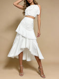 Elegant Pink Two Piece Set for Women Lace Trim Tube Top Asymmetrical Tiered Ruffles Midi Skirt Outfits for Beach Getaways