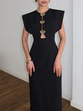 Black Loose Spliced Buttos Chic Dresses for Women O Neck Sleeveless Elegant Commute Dress Female Summer Fashion New