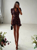 Elegant Flora Painted Ruffle Mini Dress Women Sexy Full Sleeve Deep V-neck Slim Short Robe 2026 Summer New Lady Party Club Wears