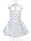Polka Dot Vacation Mini Dress For Women  High Waist A-line Ball Gown Dress Sleeveless Halter Neck Female Summer Fashion