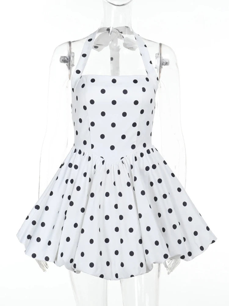 Polka Dot Vacation Mini Dress For Women  High Waist A-line Ball Gown Dress Sleeveless Halter Neck Female Summer Fashion