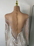 Women Sparkly Crystal Pearl Tassels Sexy Sheer See Through Bodycon Mini Silver Outfit Birthday Dress Dancer Performance Costume