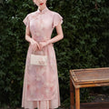 Pink Chesongam Young Girl Ao Dai Qipao New Chinese Style Dress Women Elegant Mesh Hem Vestidos Casual Outwear Hanfu Dresses