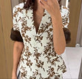 Two Piece Set Of Fur Spliced Jacket And Half Skirt Women Printed Waist Cinched V-neck Short Sleeved Jacket Elegant Autumn Suit