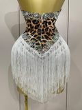 Women Sexy Sparkly Rhinestones Leopard Print Tassel Bodysuit 2026 New Evening Party Birthday Nightclub Performance Stage Costume