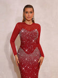 Luxury Diamonds Bandage Formal Evening Dress Mesh Long Sleeves Mermaid Women's Gowns Elegant Wedding Party Dress