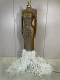 New Sexy Sparkling Red Crystals Feathers Long Sleeve Mermaid Maxi Dress Women Wedding Celebrate Luxury Birthday Party Prom Gown