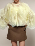 Ruffles Shirts For Women O Neck Lantern Sleeve Loose Pullover Summer Blouse Female Fashion Style Clothing