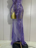 Sexy Purple Strapless Mesh See Through Long Dress Sparkly Diamond Tassel Birthday Evening Party Nightclub Bar DJ Show Stage Wear