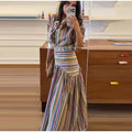 Boho Colorful Stripe Midi Skirt Set Turn Down Collar Single Breasted Long Sleeve Shirt Fitted Waist Flowy Women Skirts Outfits
