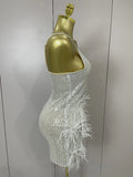 Luxury Sparkling Diamond Feather Sexy V-Neck Sequined Halter Mini Dress 2026 New Women Celebrate Birthday Party Cocktail Dreses