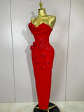 Newest Sexy Strapless Backless Red Flower Long Bandage Dress Women Celebirty Elegant Prom Evening Club Party Birthday Dresses