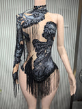 Sexy Skinny Leotard Singer Dancer Show StageWear Sparkly Blue Rhinestones Women DanceCostume Fringes One Shoulder Bodysuit  7G