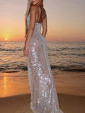 Sexy White Backless Sequin Summer Dress Women Maxi Slip Beach Birthday Dress Woman Elegant Party Evening Long Dresses Vestidos