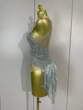 Sparkly Silver Diamonds Tassel Mesh Sheer Bodysuits Eveing Birthday Party Latin Dancer Bar Nightclub Sexy Stage Costume