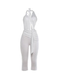 Knot Decoration Playsuit Women Halter Bandage Backless Tassel Folds Deep v-Neck Seeveless Elasticity Sexy Romper
