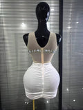 Women Sleeveless Sexy O-Neck Shining Crystal Bodycon Mini Dress Velvet Celebrate Evening Party Birthday Photoshoot Wear