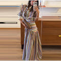 Boho Colorful Stripe Midi Skirt Set Turn Down Collar Single Breasted Long Sleeve Shirt Fitted Waist Flowy Women Skirts Outfits