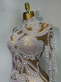 High Quality Women Sexy Rhinestone Pearl Mesh Transparent Dress Birthday Celebrate Dress Evening Party Dance Performance Costume