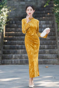 Olivegirl Chinese Dress Qipao 2026 Spring Gold Improved Velvet Waist Long Daily Young Long-sleeved Cheongsam Dress