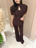 Women Chic Top 2 Piece Set Elegant Stand Collar Cape Sleeveless Slim Off Shoulder Slim Tops Suit Female Chic Casual Party Wear