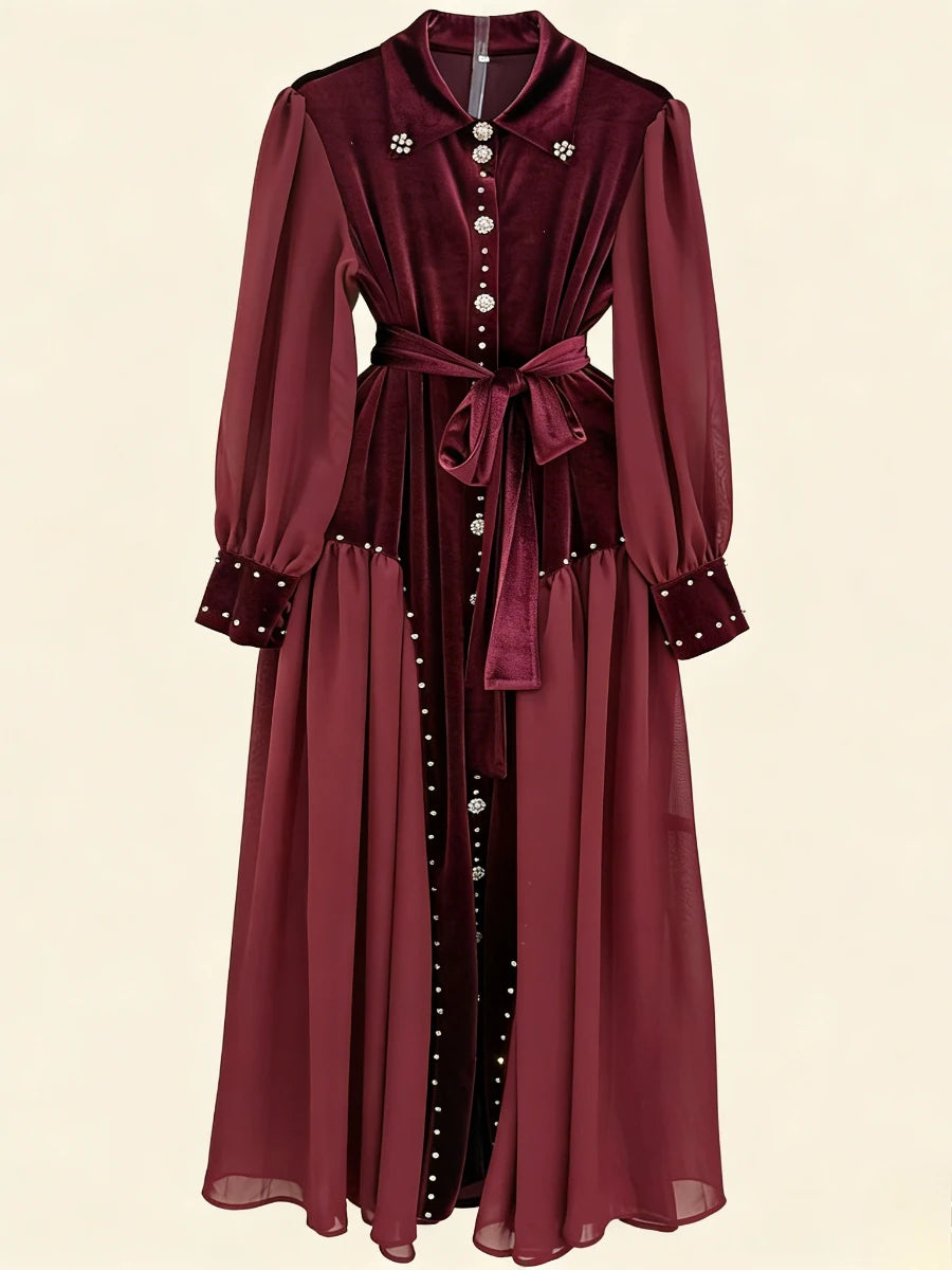 Elegant Patchwork Beading Formal Party Dresses for Women O Neck Long Sleeve Spliced Sheer Mesh Midi Dress Female Clothing