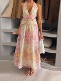 Sexy V-neck Halter Backless Printed Long Dress Women Sleeveless Lace Up High Waist Slim A-line Maxi Dress Lady Chic Casual Dress