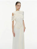 Apricot Spliced Mesh Folds Shawl Design Long Dresses For Women Sleeveless High Waist Temperament Maxi Dress Female 2026