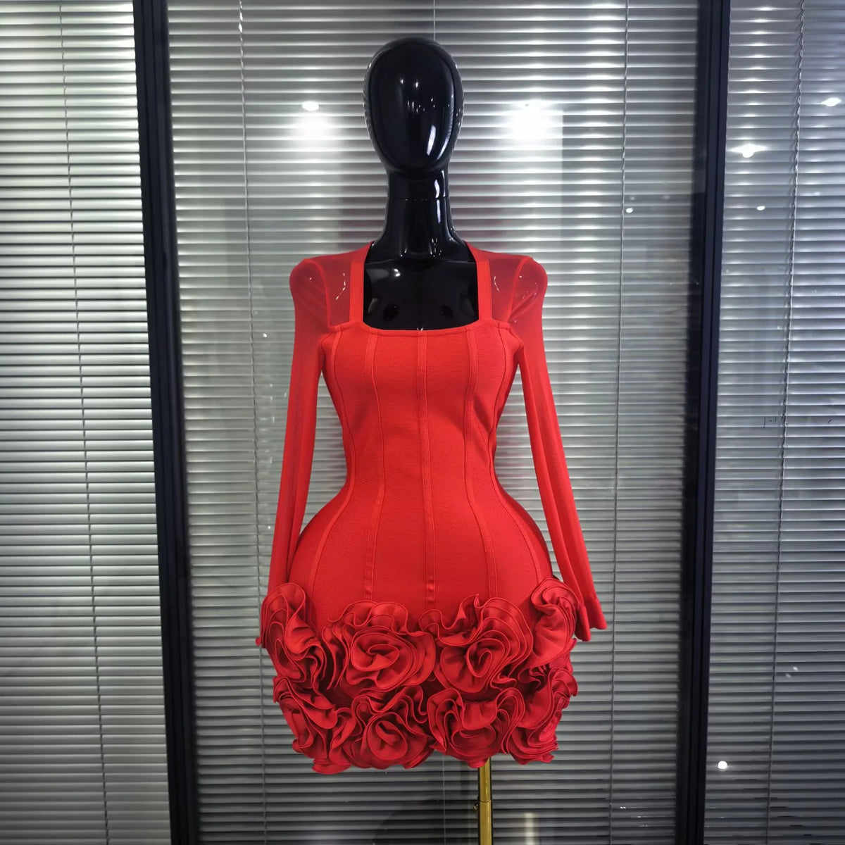 Black Red Color Women Long Sleeve Sexy O-Neck Bodycon Mini Bandage Dress Florals Celebrate Evening Party Nightclub Outfit
