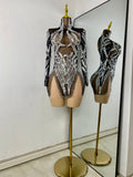 Sparkly Sequins Rhinestones Women Sexy Black Mesh See Through Long Sleeve Party Nightclub Performance Costume Stage Wear