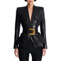 2026 Latest Design Slim Pu Leather Jacket Black Quality Blazer Belt Women Fashion Jackets Coat