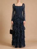 Wedding Guest Pink Square Collar Lace Maxi Dress for Women Corset Bodice Long Sleeve Tiered Ruffle Skirt for Luxury Dinner