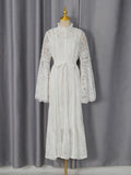 Elegant Vintage Green Lace Midi Dress for Women High Neck Sheert Flare Sleeve Belted Waist Desgin for Luxury Dinners Party