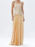 Elegant Two Piece Sets For Women Solid Splicing Embroidered Flower Strapless Top+Pleated Long Skirt Set Female New