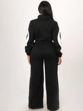 Sporty Patchwork Jumpsuit Women Casual Lapel Spring Ternd Full Sleeve Zip Stretch Hipster Streetwear Straight Overall
