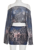 Y2K 2 Piece Set Women Tiger Str Slanted Shoulder Split Sleeve Mesh Crop Tops+Peach Hip Skirts Matching Street Outfits
