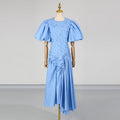 Solid Spliced Drawstring Folds Designer Maxi Dress for Women O Neck Puff Sleeve High Waist Elegant Party Dresses Female New