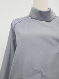 Minimalist Casual Style Gray Oversized Shirt for Women Stand Collar Long Sleeve Buttons Accent for Office Commute