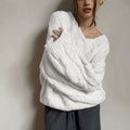 Women's Cable Knit Sweater V Neck Long Sleeve Oversized Loose Chunky Twist Pullover Tops Casual Autumn Retro Commute Top