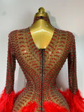 Women Luxury Birthday Dress Rhinestones Mesh Feathers Bodycon Mini Celebrity Evening Club Party Dress Nightclub Stage Outfit