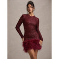 Solid Spliced Sequines Slimming Dresses for Women O Neck Long Sleeve Temperament Dress Female Fashion New